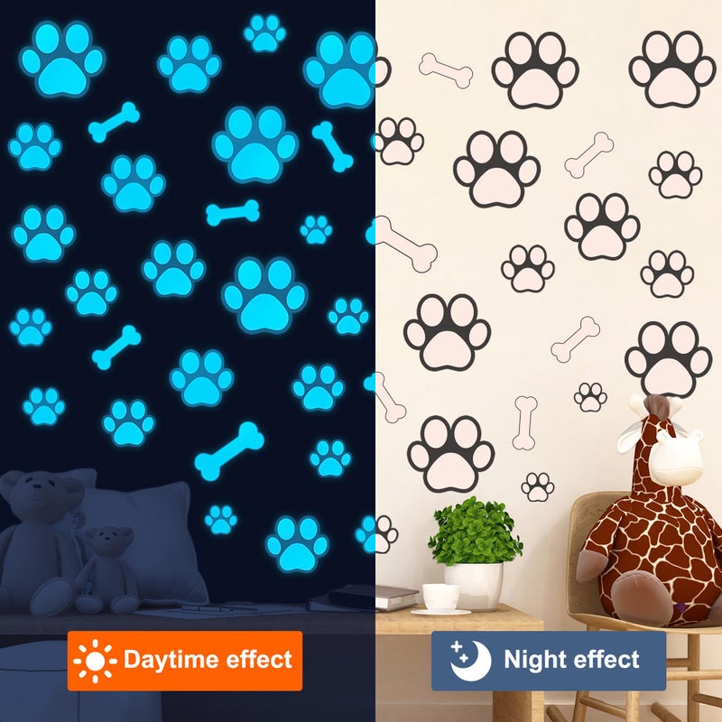 Sinekong Dog Paw Print Stickers Glow in The Dark Wall Decals Pup Dog Room Decor Stickers Vinyl Dog Paw Bone Wall Decals Removable Animal Footprint Decal for Kids Boys Girls Bedroom Nursery Blue - Image 4